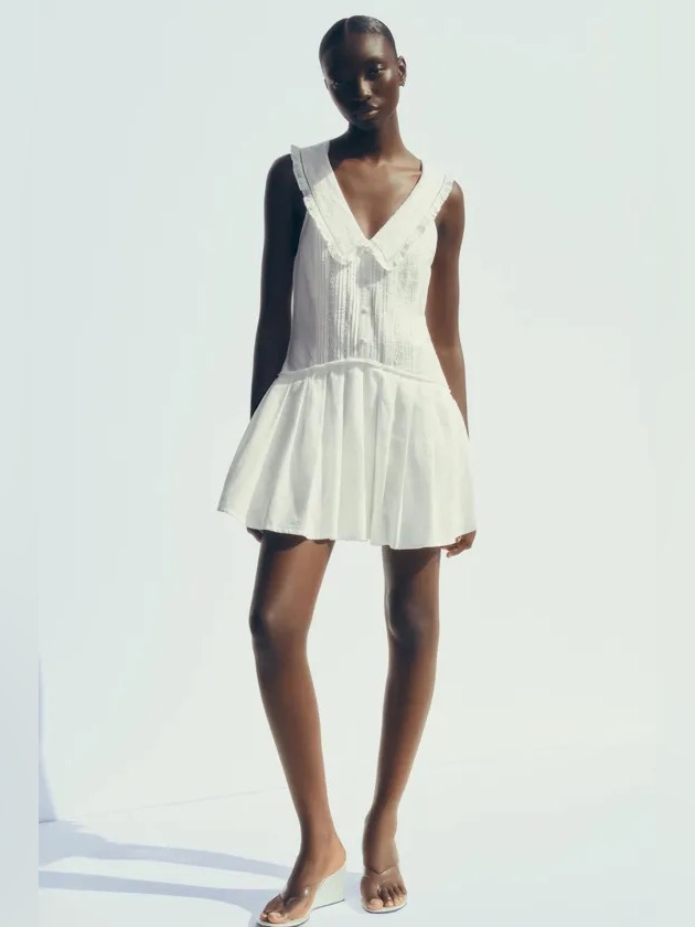 Zara Cotton Linen Short Embroidered Dress Peter Pan Collar, Pleated Hem. Nwt Xs